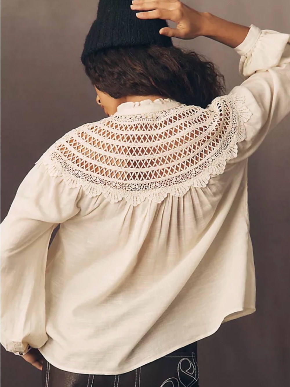 Pilcro Lace Yoke Peasant Blouse Cream Boho Cottagecore Long Sleeve XXS - Picture 2 of 10